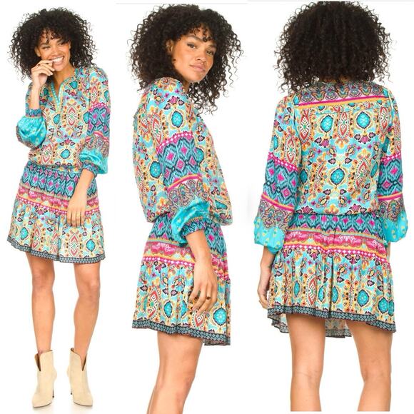 Hale Bob Oona mini Dress turquoise blue print Size M Boho chic Western Festival - Picture 5 of 12